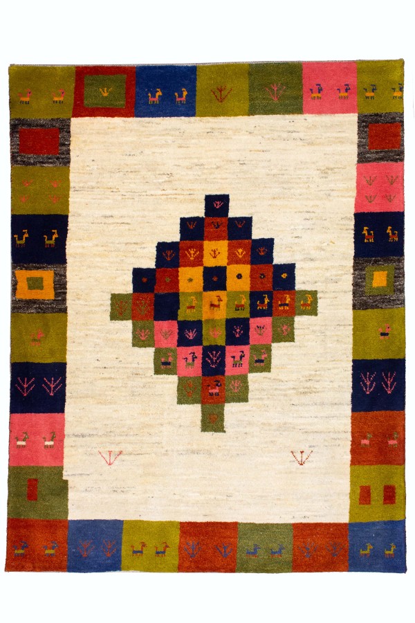 گبه دستباف قشقایی خشتی با ترنج لوزی سه متری کد 2089 (191 در 148)