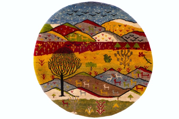 گبه دستباف قشقایی گرد منظره کد 2321 (100 در 100)