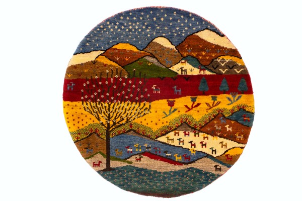 گبه دستباف قشقایی گرد منظره کد 2377 (100 در 100)