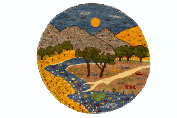 گبه دستباف قشقایی گرد منظره کد 2379 (100 در 100)
