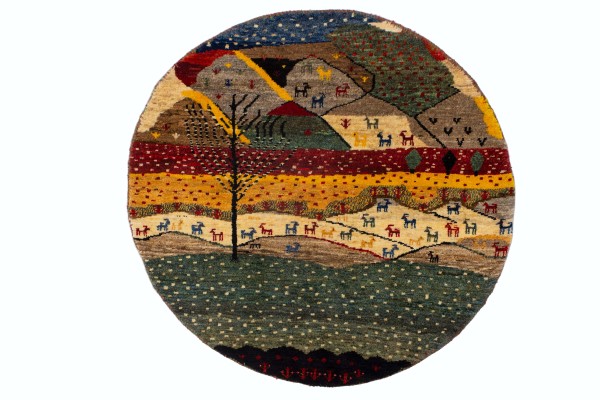گبه دستباف قشقایی گرد منظره کد 2380 (100 در 100)