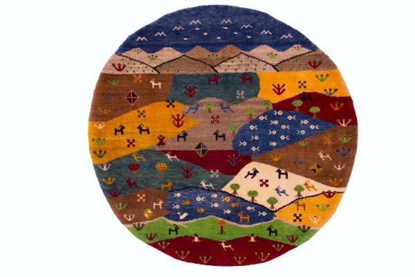 گبه دستباف قشقایی گرد منظره کد 2382 (100 در 100)